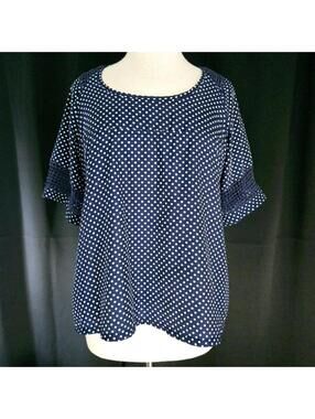 DownEast Navy Blue Polka Dot Blouse Size Medium